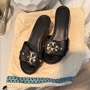 Tory Burch Black Leather Sandals with Gold Accents